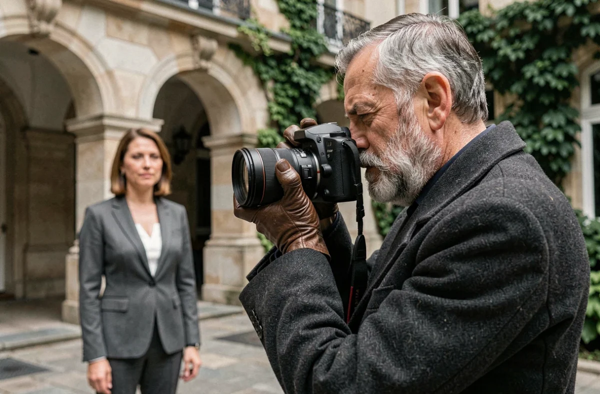 Photographe de portrait corporate au travail dans une cour haussmannienne à Suresnes