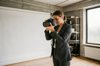Photographe professionnelle à Suresnes ajustant son appareil photo dans un studio moderne