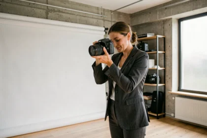 Photographe professionnelle à Suresnes ajustant son appareil photo dans un studio moderne