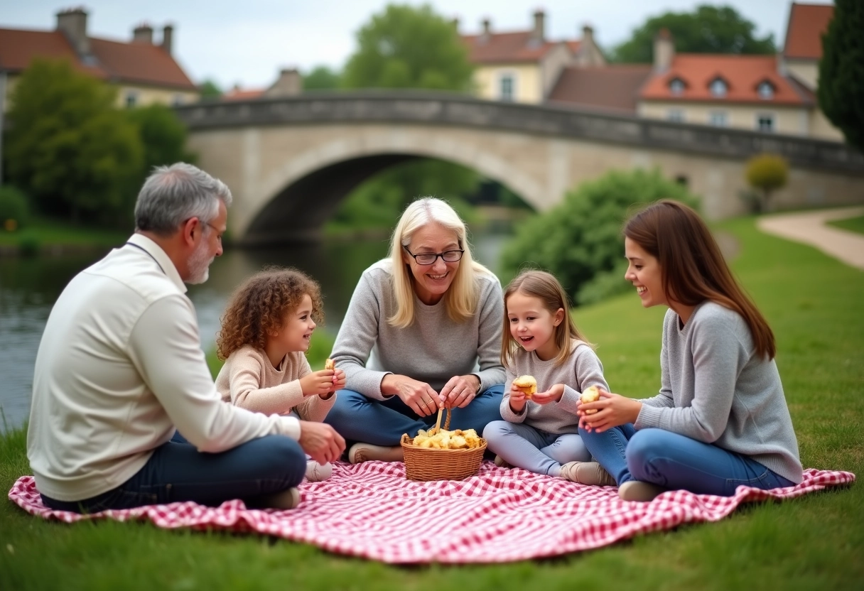 Famille multigenerational au pique-nique près de la rivière