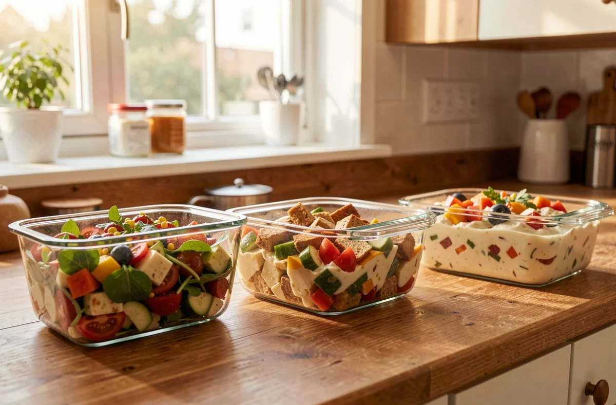Plats de la semaine préparés sur une table de cuisine familiale