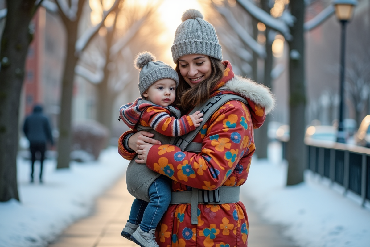 Parent utilisant un manteau de portage coloré en hiver urbain