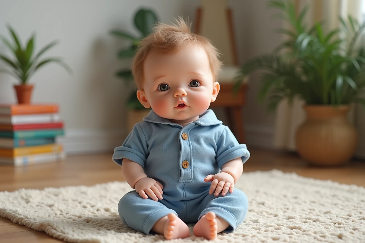 Poupée reborn garçon de 8 mois en salopette bleue dans le salon