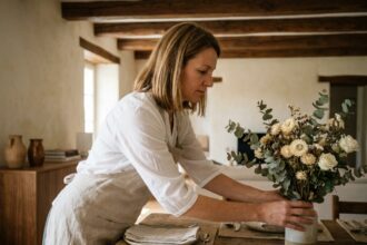 Femme préparant une table de salle à manger soigneusement dressée pour recevoir des invités dans un appartement chaleureux avec poutres en bois