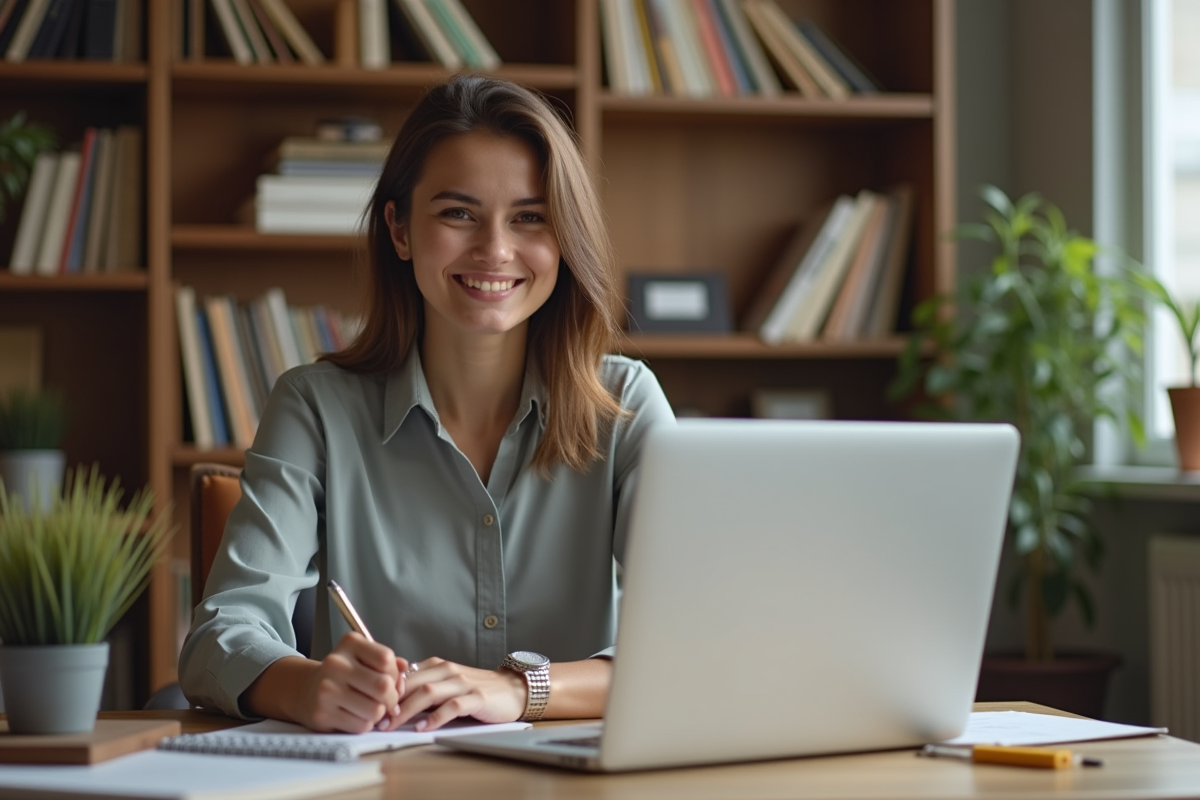 Jeune professeure assise à son bureau en train de consulter ses plans de cours