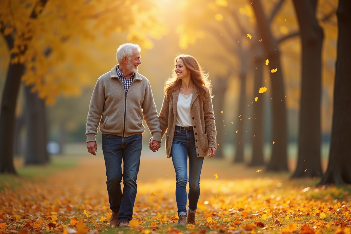 Couple main dans la main dans un parc d automne souriant