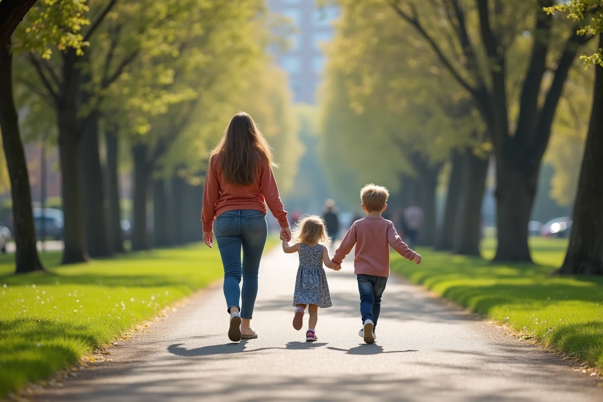 Femme et enfants marchant dans un parc en famille