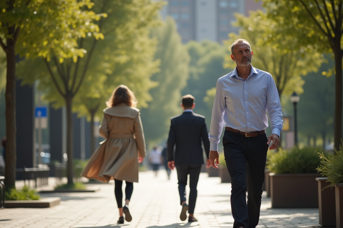 Homme marchant dans un parc urbain en journée