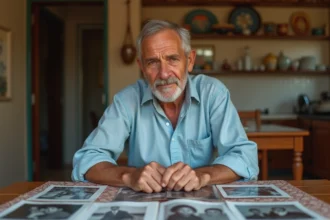 Homme d'origine nord-africaine examinant de vieilles photos de famille à une table en bois dans un intérieur familial chaleureux, évoquant les racines et le parcours d'intégration
