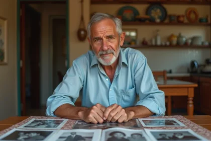 Homme d'origine nord-africaine examinant de vieilles photos de famille à une table en bois dans un intérieur familial chaleureux, évoquant les racines et le parcours d'intégration