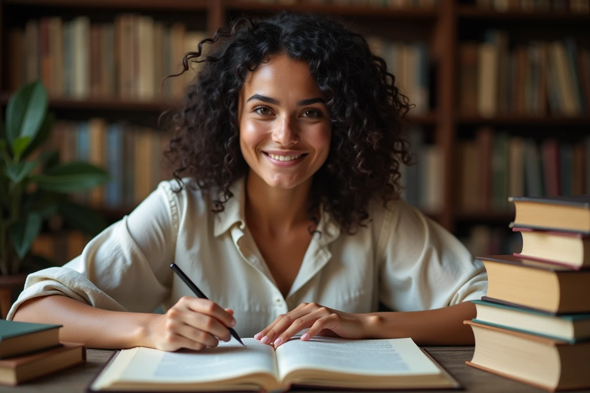 Jeune femme consultant des dictionnaires d'étymologie pour rechercher la signification du prénom Noah