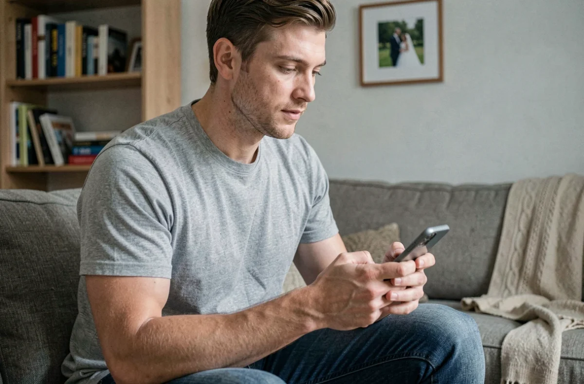 Homme cherchant un photographe de mariage abordable sur son smartphone depuis son salon