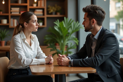 Femme et homme en discussion dans un café chaleureux