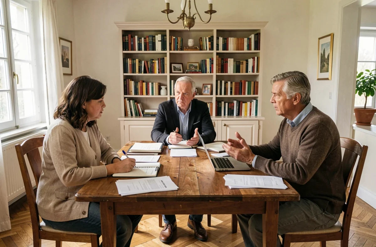 Trois frères et sœurs adultes discutent ensemble de la répartition de l'obligation alimentaire pour financer la maison de retraite de leur parent