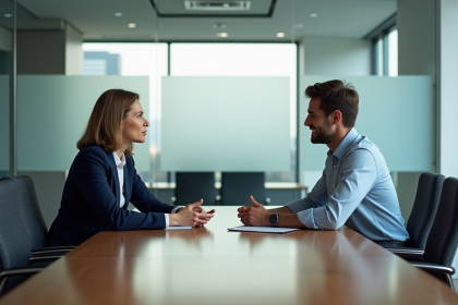 Deux collègues en réunion dans un bureau moderne
