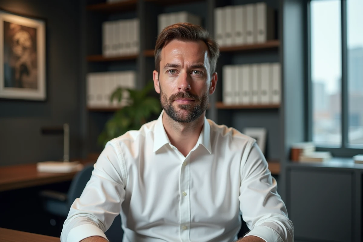 Figure médiatique masculine en interview dans un bureau privé avec bibliothèque, parcours et carrière dans les médias
