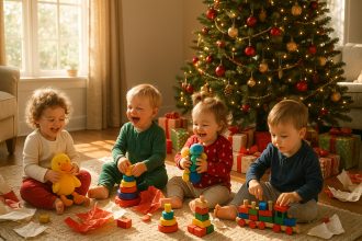 Salon de Noël avec enfants jouant sous le sapin