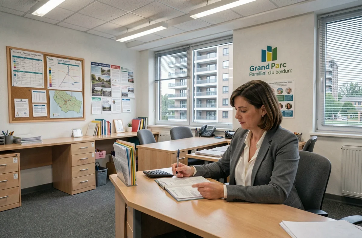 Espace de travail du Service d'Accueil Familial du Grand Parc à Bordeaux avec dossiers familiaux et carte de placement
