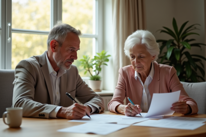 Un homme d'âge moyen et une femme âgée signent des documents dans un bureau lumineux
