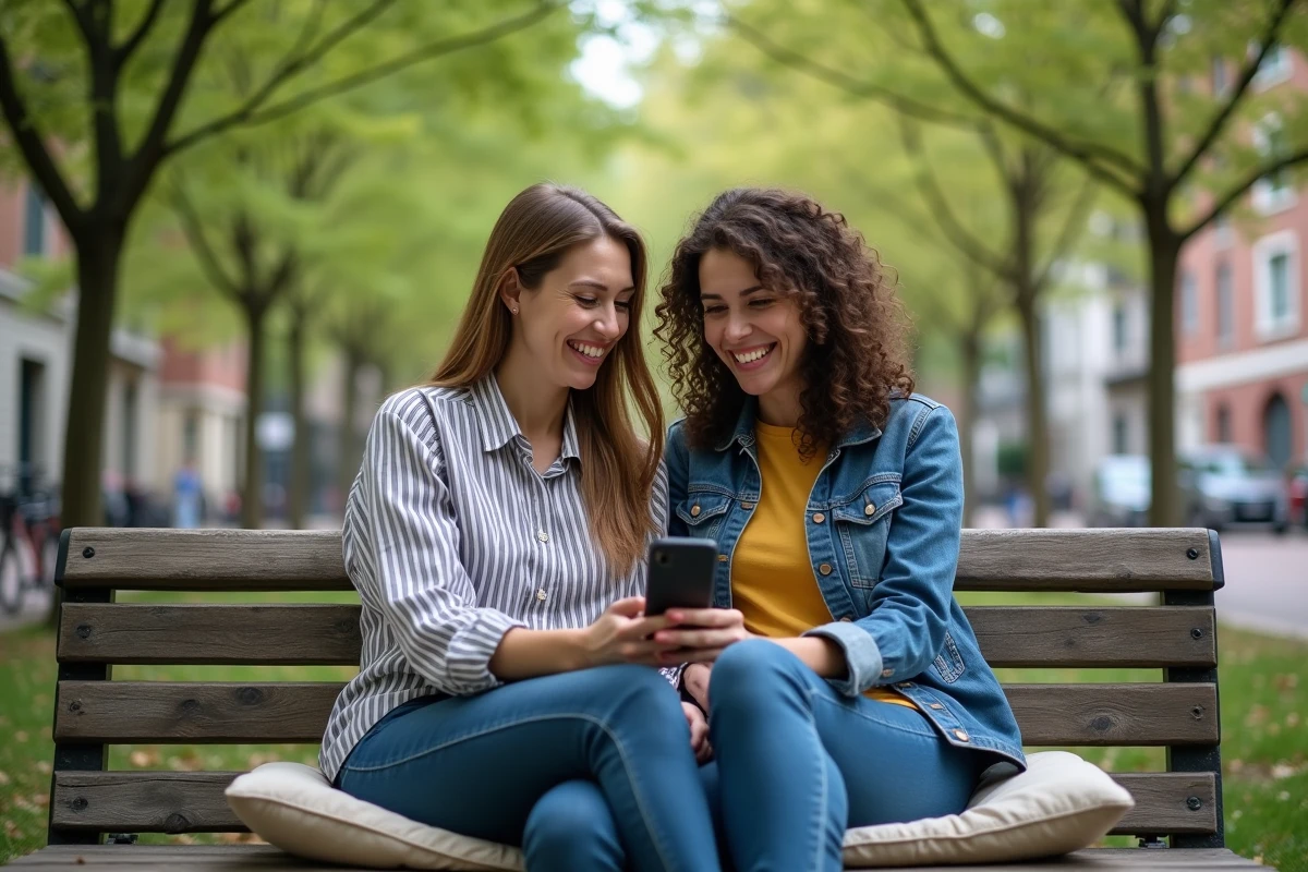 Deux mères célibataires partageant un moment de complicité dans un parc urbain, regardant ensemble un téléphone, soutien mutuel et solidarité