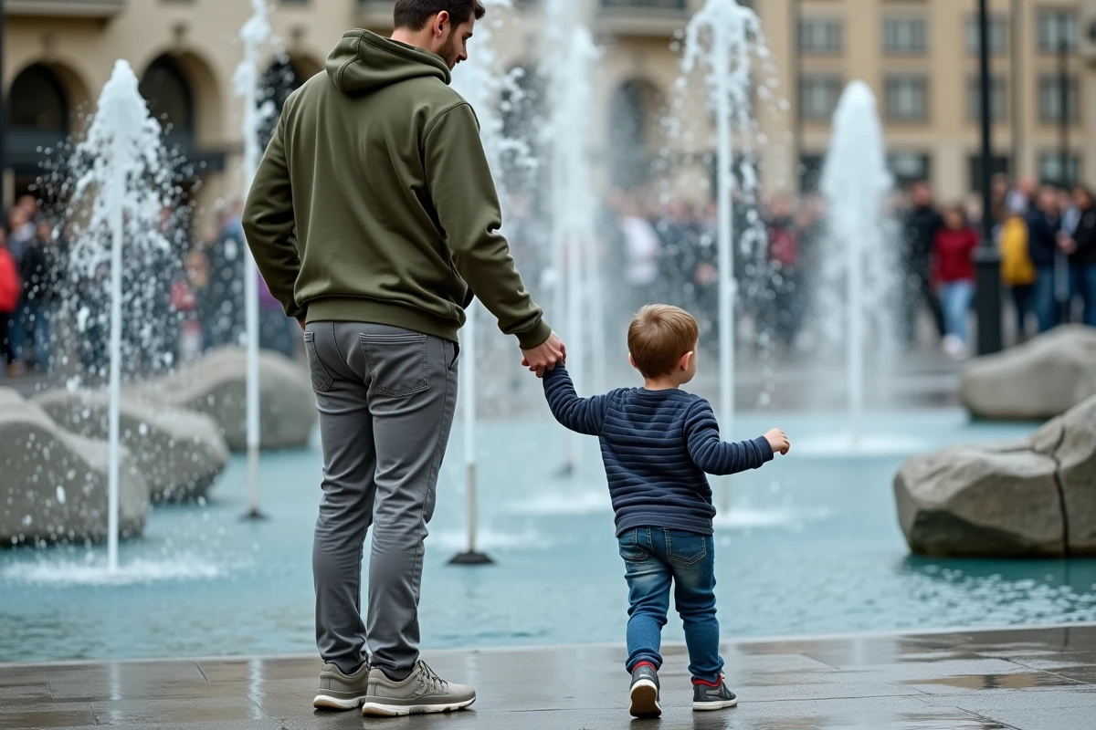 Papa et enfant jouant près d'une fontaine interactive lors d'une sortie de dernière minute en Île-de-France