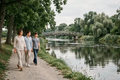 Famille se promenant au bord d'une rivière en Seine-et-Marne lors d'une sortie nature en 2026