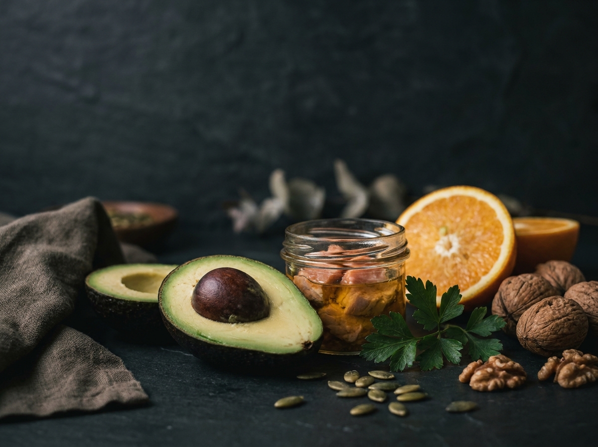 Composition d'aliments riches en nutriments pour la santé oculaire : avocat, saumon, graines de courge et noix sur ardoise
