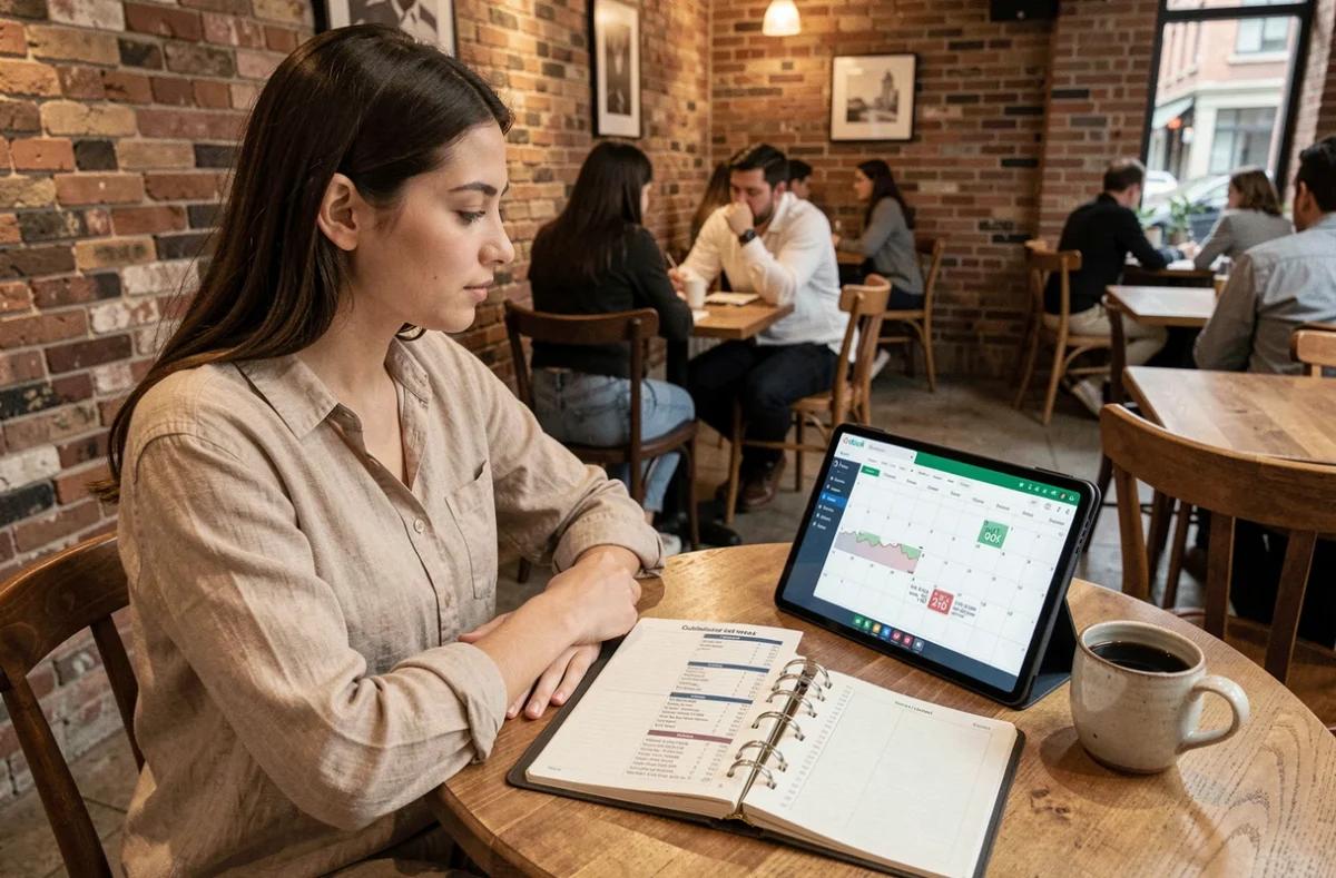 Jeune femme synchronisant un agenda Outlook avec calendrier papier affichant les semaines paires et impaires dans un café