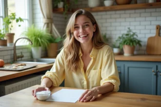 Jeune femme réalisant le test du sel fille ou garçon à la maison avec un bol de sel marin sur une table en bois rustique