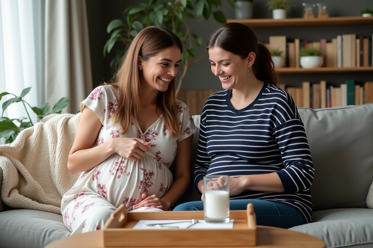 Deux amies dont une femme enceinte réalisant ensemble le test du sel fille ou garçon dans un salon cosy avec un plateau en bois et une salière