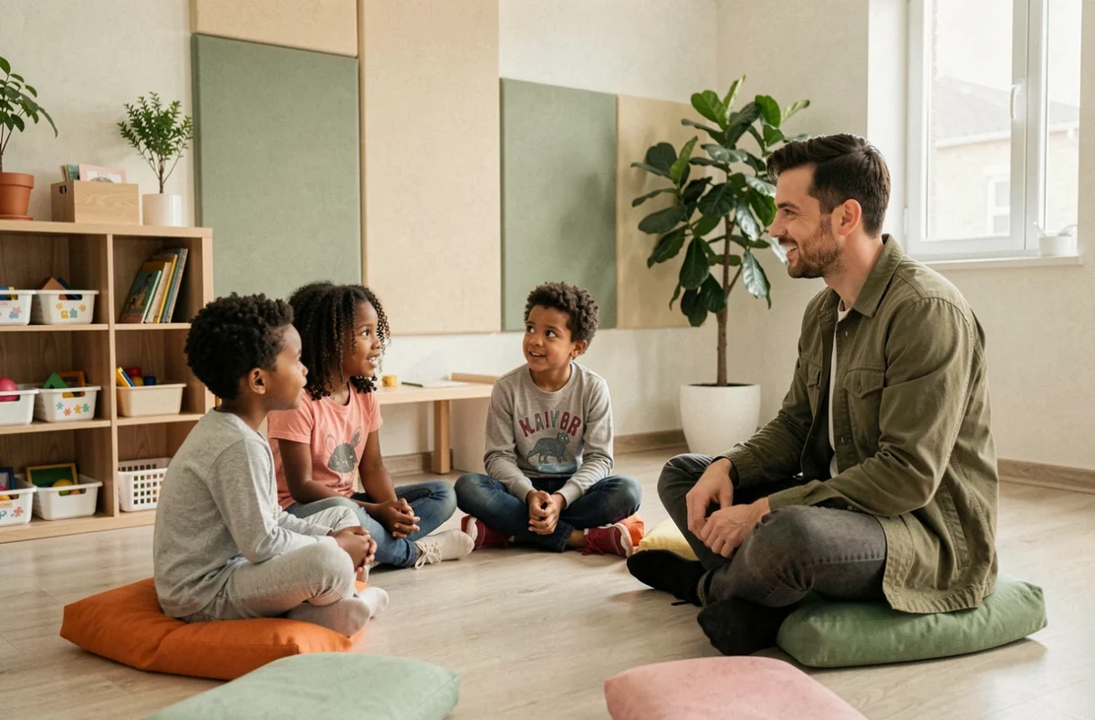 Séance de thérapie de groupe dans un centre spécialisé pour enfants difficiles, encadrée par un éducateur professionnel