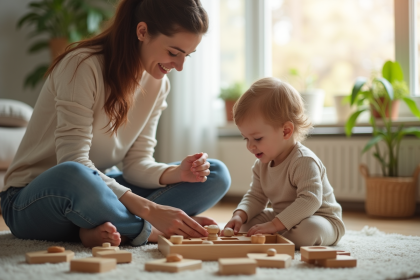 Travailleur social souriant avec un enfant dans un salon chaleureux
