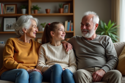 Trois générations de famille discutant chaleureusement