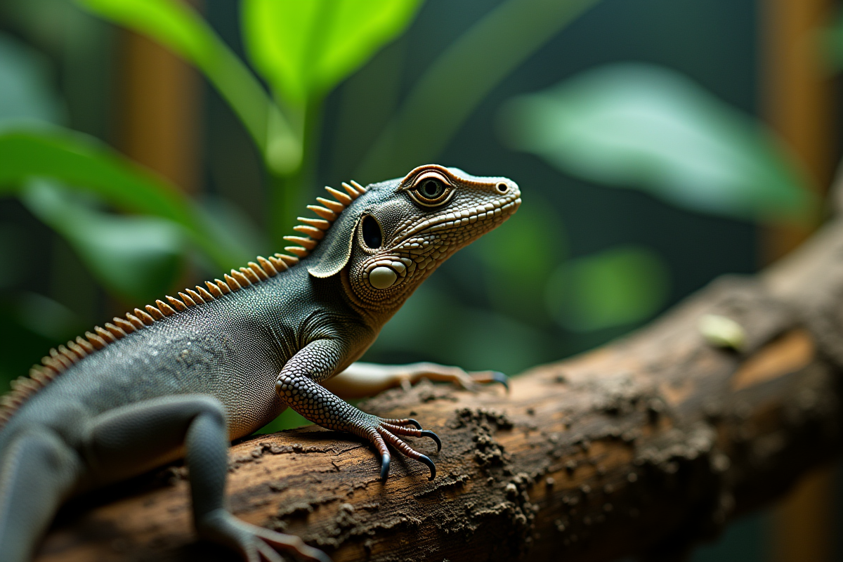 Gros plan sur un varan dans un terrarium avec textures nettes