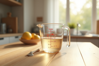 Verre mesureur rempli de liquide sur une table en bois clair
