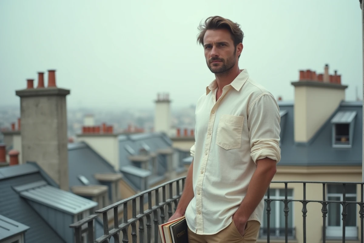Homme sur un balcon parisien contemplant les toits, tenant un livre, image illustrant la sphère privée et le quotidien discret d'une personnalité publique