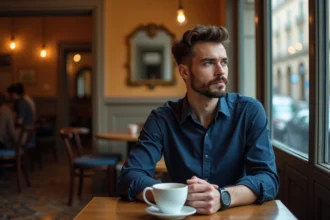 Homme discret assis dans un café parisien, regard pensif vers la fenêtre, illustrant la vie privée et l'intimité d'une personnalité publique en 2026