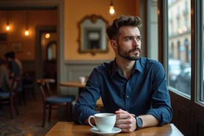 Homme discret assis dans un café parisien, regard pensif vers la fenêtre, illustrant la vie privée et l'intimité d'une personnalité publique en 2026