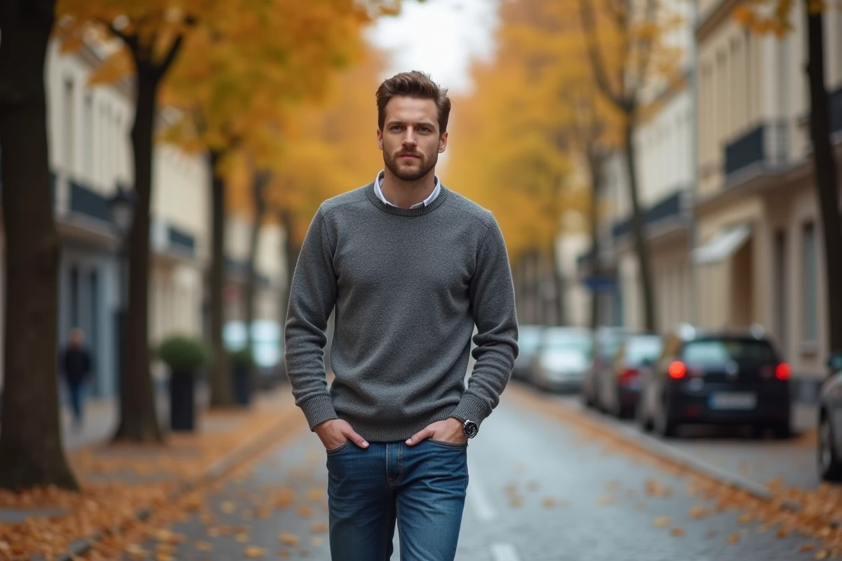 Homme se promenant seul dans une rue parisienne en automne, ambiance intimiste évoquant la vie personnelle d'une figure médiatique française