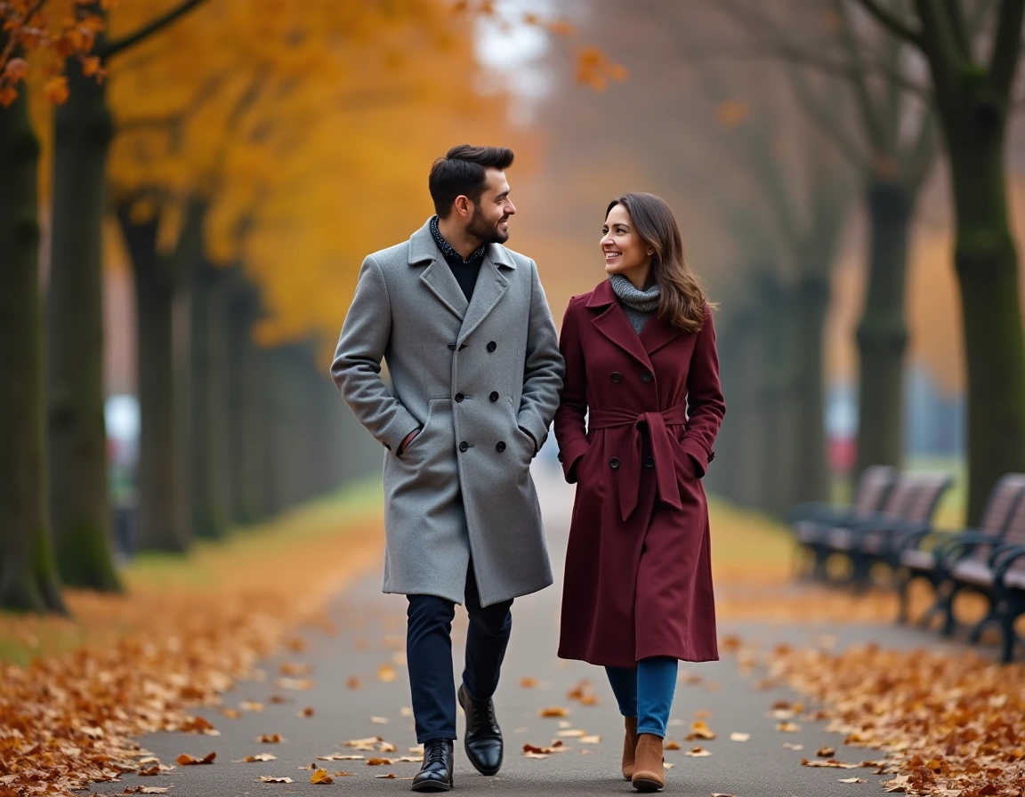 Couple se promenant dans un parc en automne, feuilles dorées au sol, illustrant la vie de couple et le mariage dans un article sur Yoann Usai
