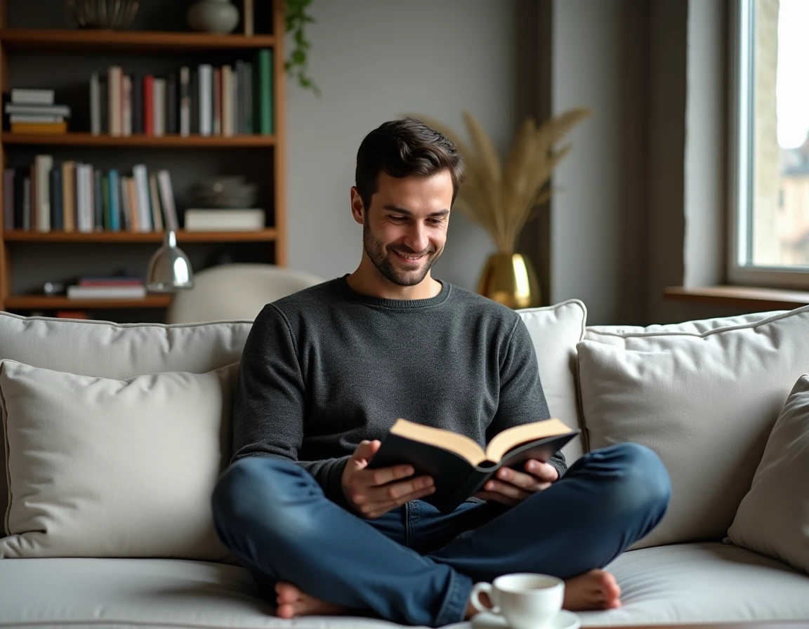 Homme détendu dans un appartement moderne lisant un livre sur un canapé, ambiance intimiste, illustrant la vie privée et personnelle de Yoann Usai