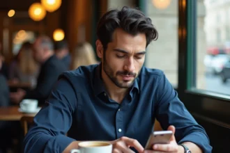 Homme en chemise bleue assis à la terrasse d'un café parisien, air pensif, illustrant un article sur la vie privée de Yoann Usai